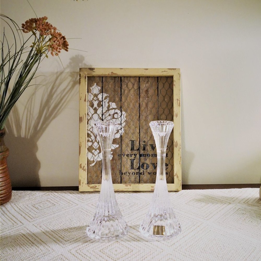 Vintage Mikasa Park Lane Crystal Candlestick‎ Holders Pair 8”x 3"
